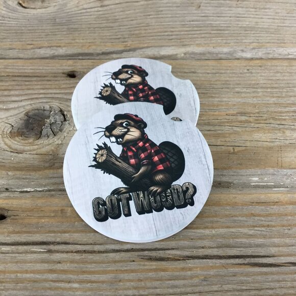 Got Wood? Funny Beaver Car Coasters Set of 2 - Picture 1 of 6